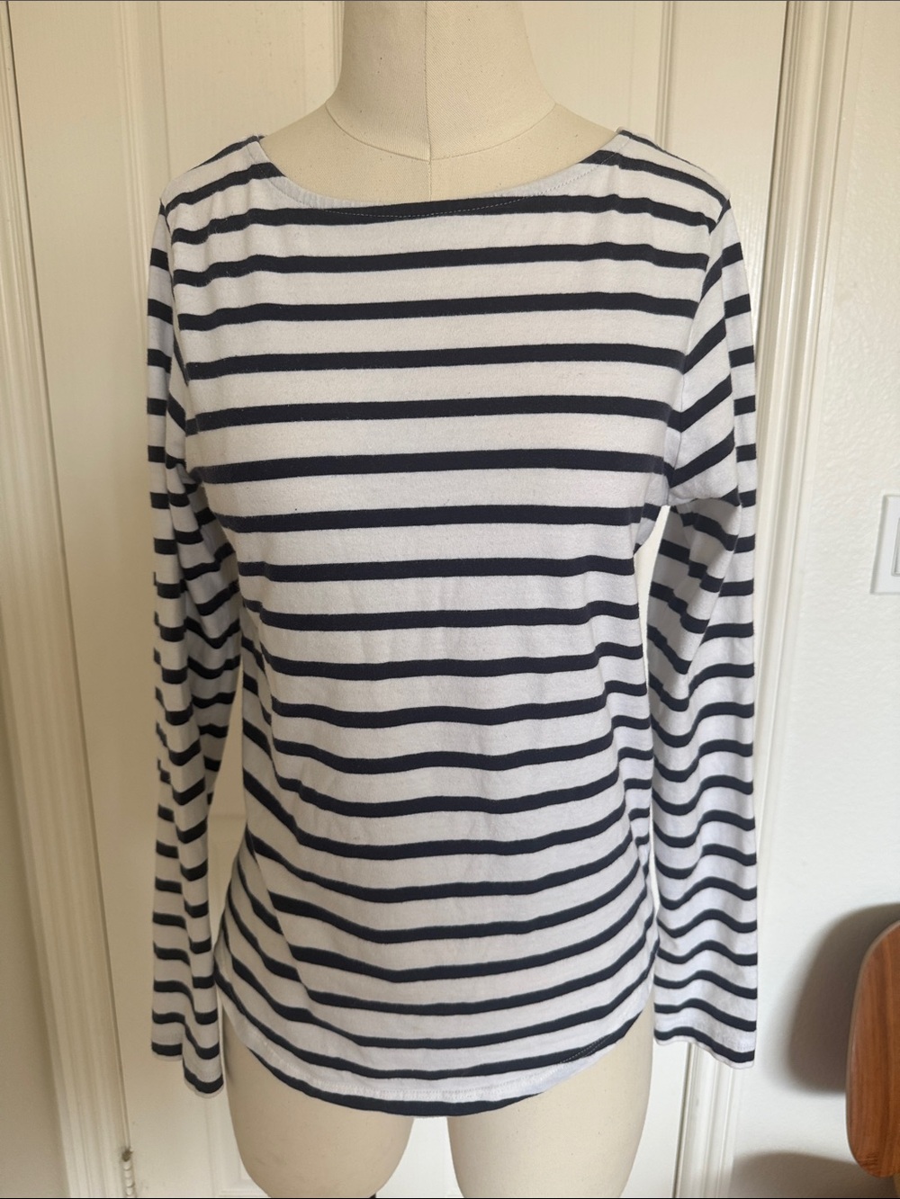 Women’s Navy and White Striped Long-Sleeve Boatneck Top